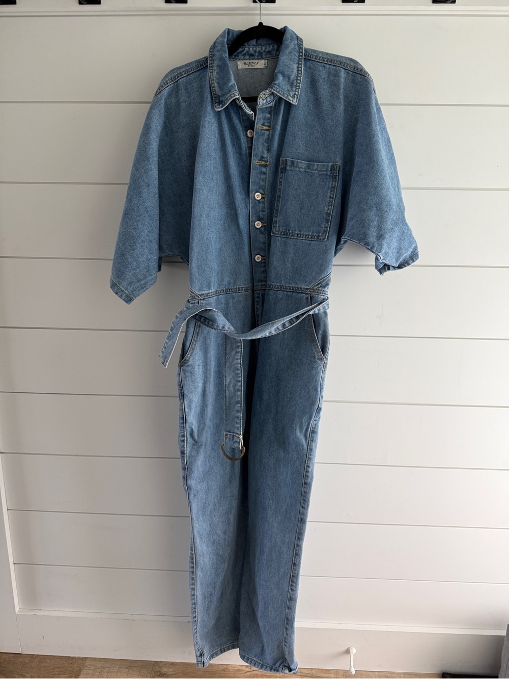Vintage Oversized Light Wash Denim Jumpsuit with Belt, Size Medium